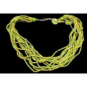 Vintage Retro Wooden Multistrand Green & Yellow Beaded Necklace